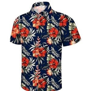 Cotton & Co Men's Floral Tropical Navy Red Short Sleeve Button Up Shirt Medium